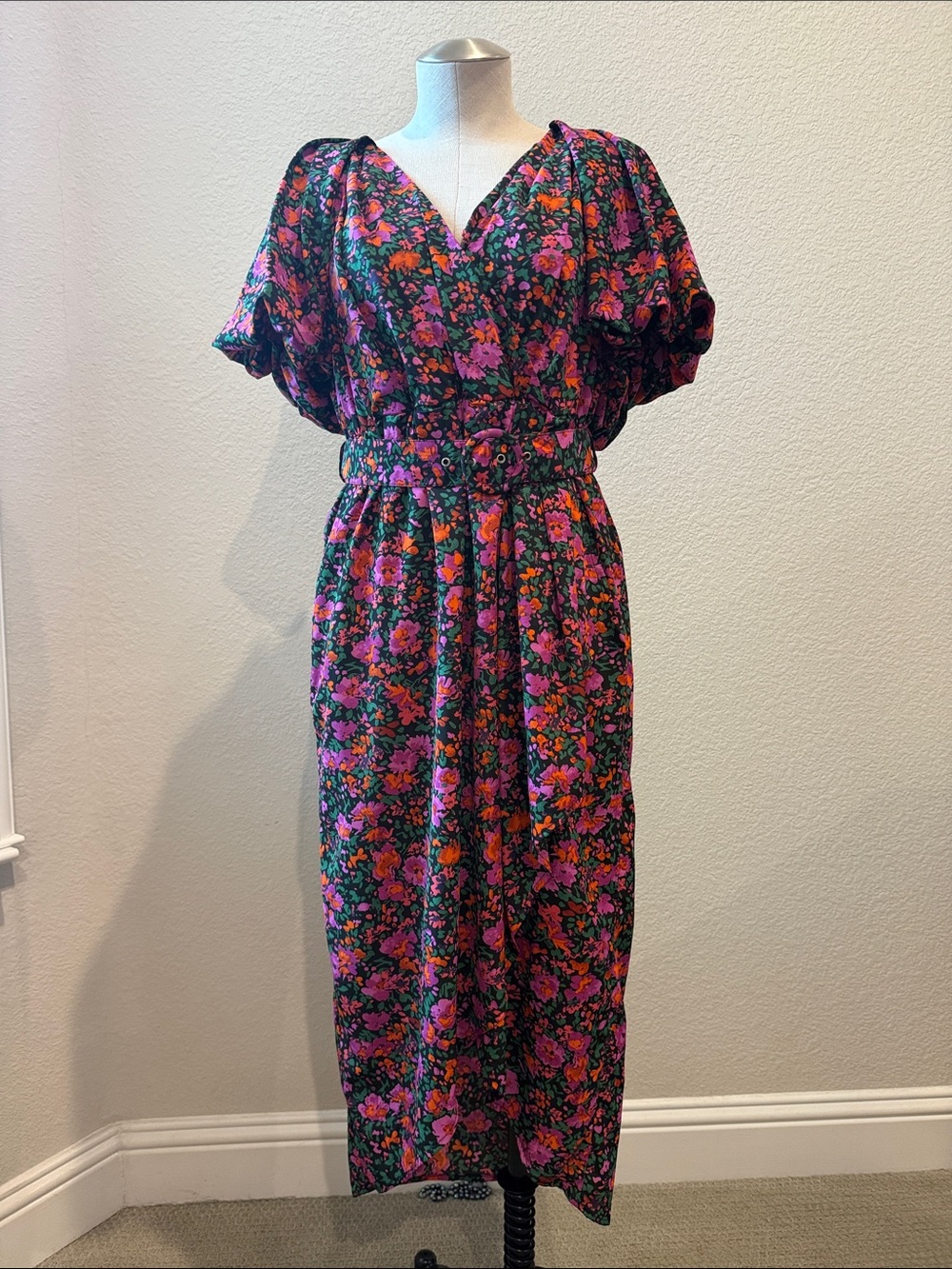 Entro Black and Pink Floral Midi Dress